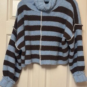 POL Blue and Brown Striped Cowl Neck Sweater